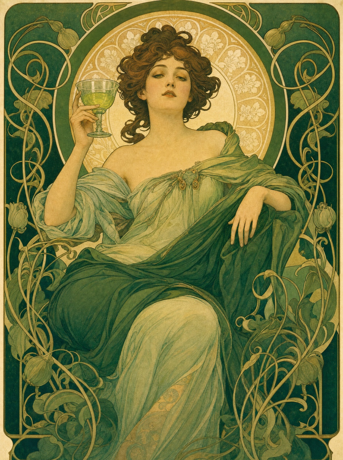 Art nouveau poster muse holding a green glass of absinthe amid curling botanical vines