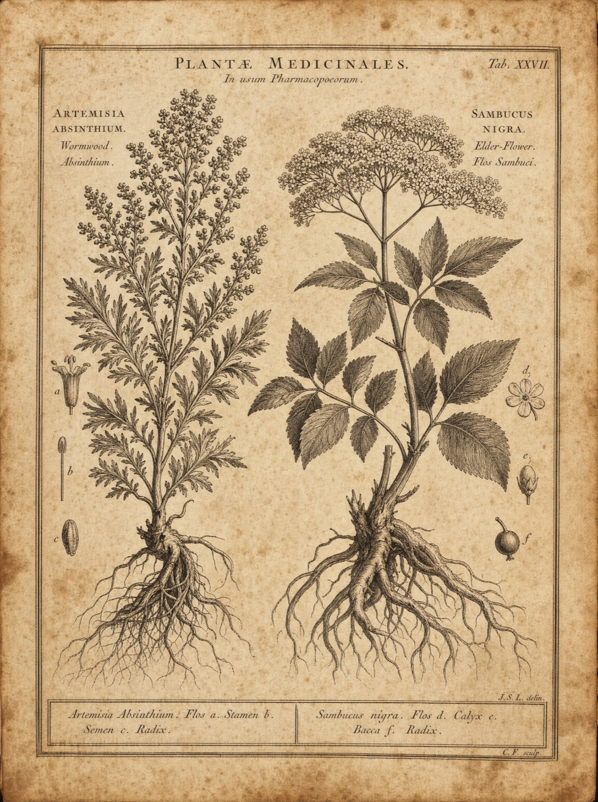 Aged copper-plate botanical folio showing wormwood and elder flower with Latin labels, roots, leaves, flowers, and small specimen details