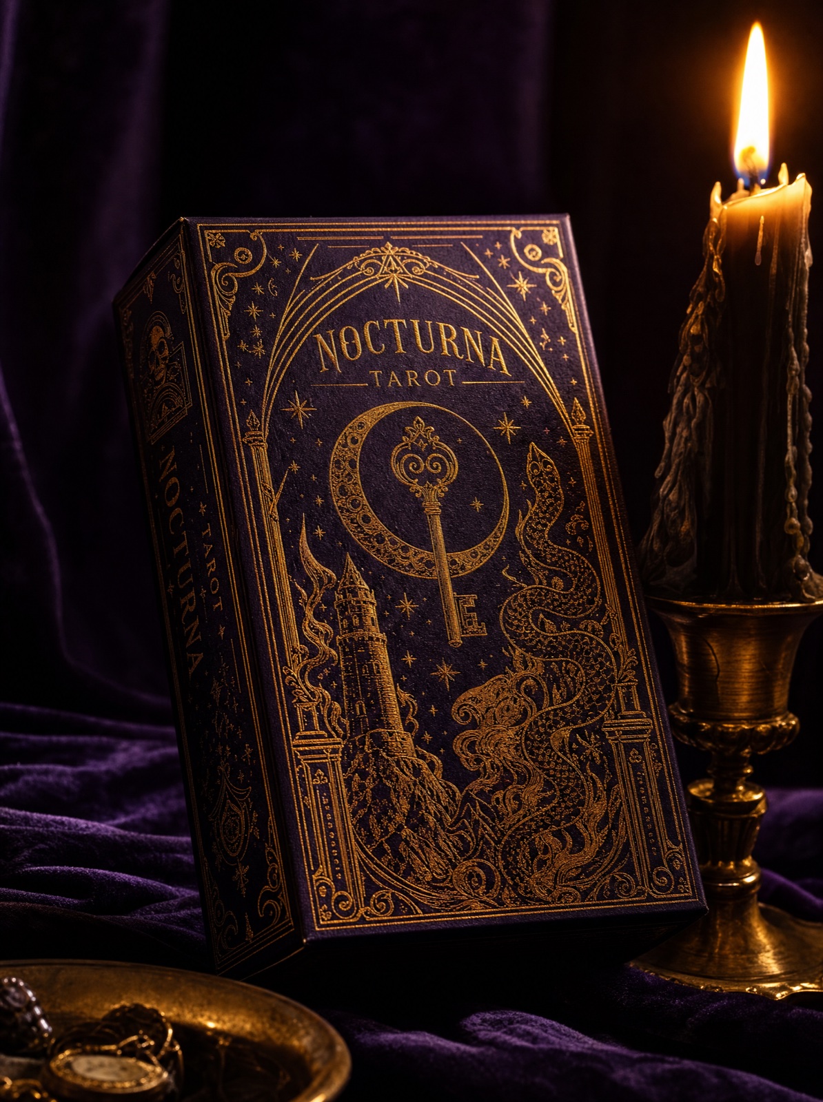 Arcana Minor boxed tarot deck standing in candlelight on violet velvet