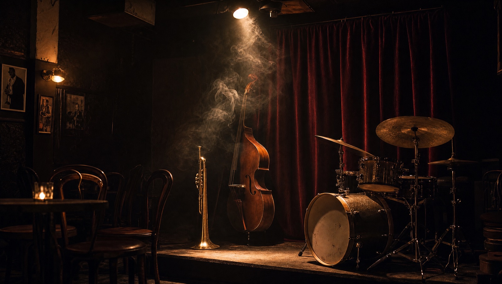 An intimate jazz stage with double bass, trumpet, drums, red curtain, and a single smoky spotlight
