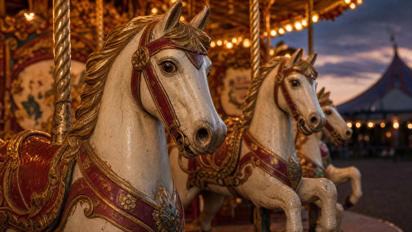 Timeworn cream carousel horses with carmine bridles turning beneath amber bulbs at dusk.