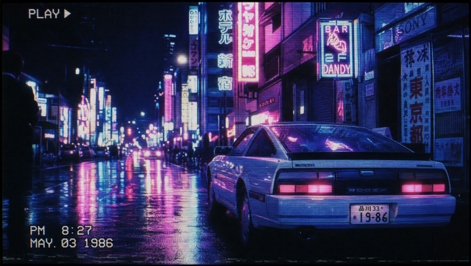 A VHS-styled 1986 Tokyo night street with rain reflections, neon signage, and a white sports coupe.