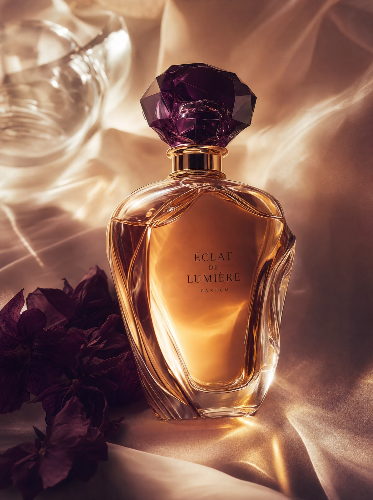 Macro perfume flacon glowing through amber silk light with a faceted deep plum stopper.