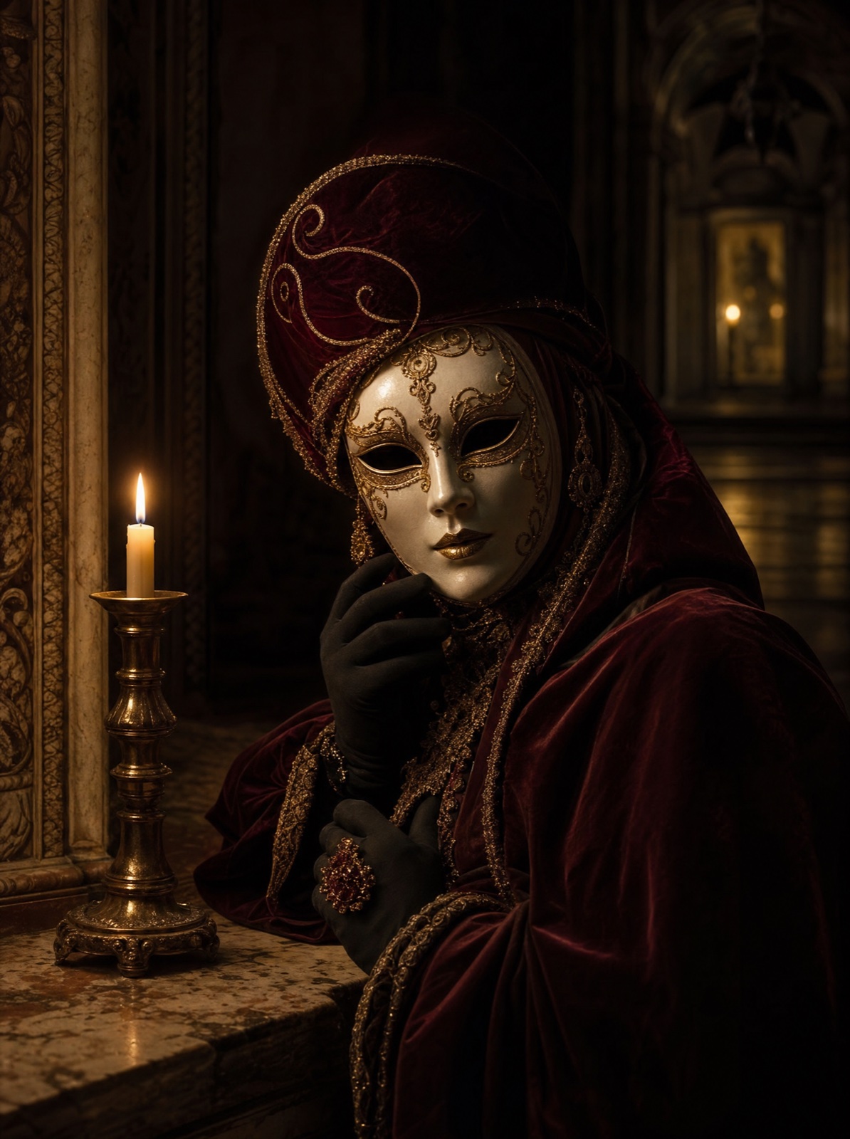 Commissioned portrait of Maestra Livia Bellandi in her candlelit Venetian mask atelier