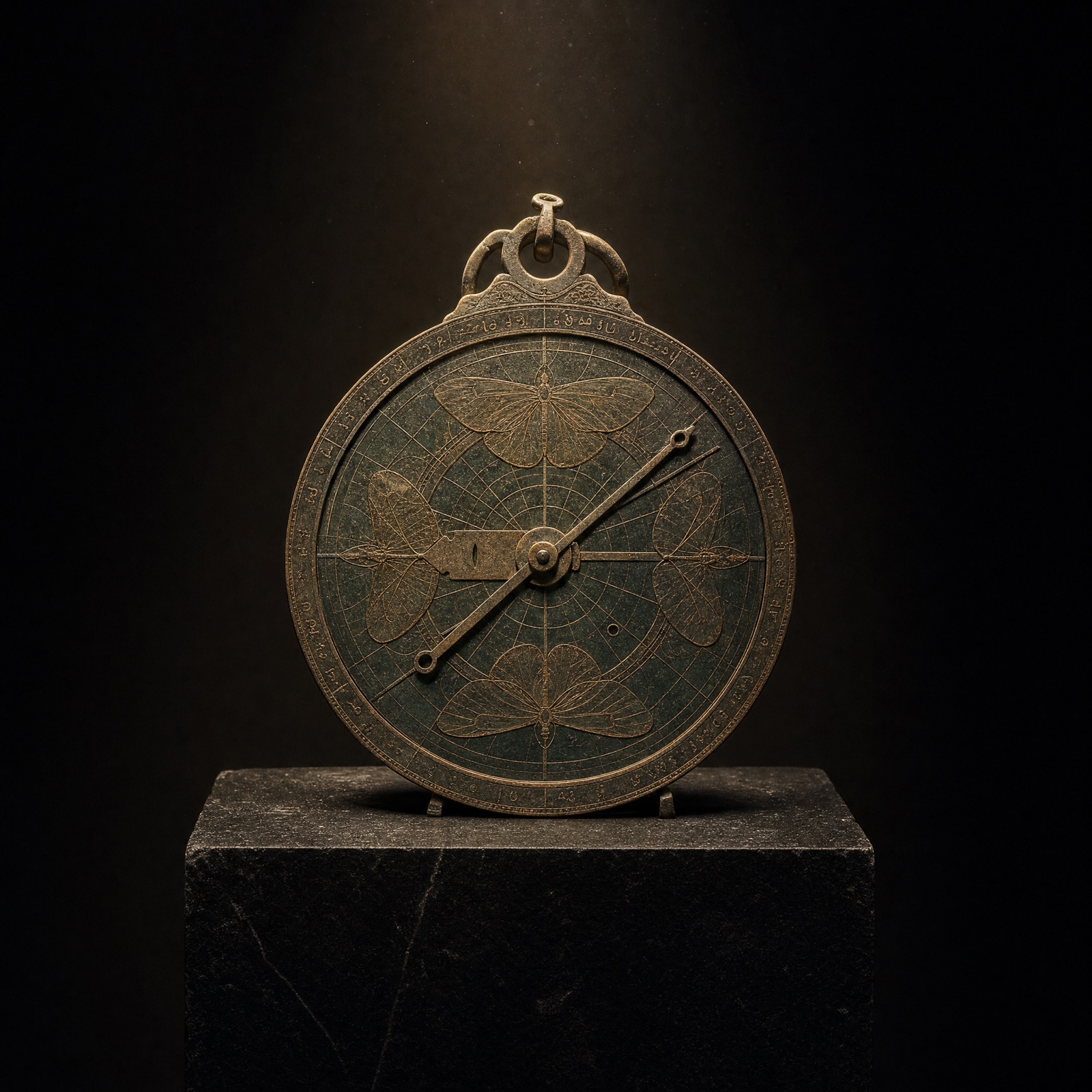 Spotlit bronze astrolabe with moth-wing engraving on a black museum plinth.