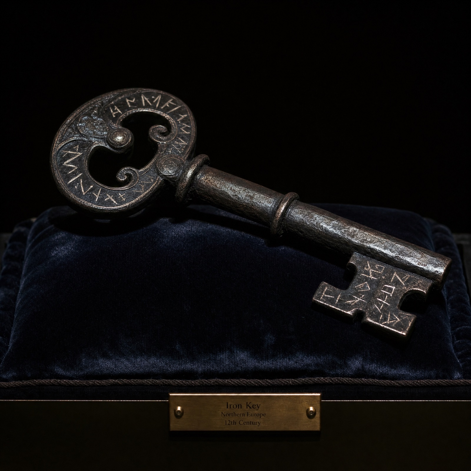 Spotlit iron key with runic markings resting on dark velvet.