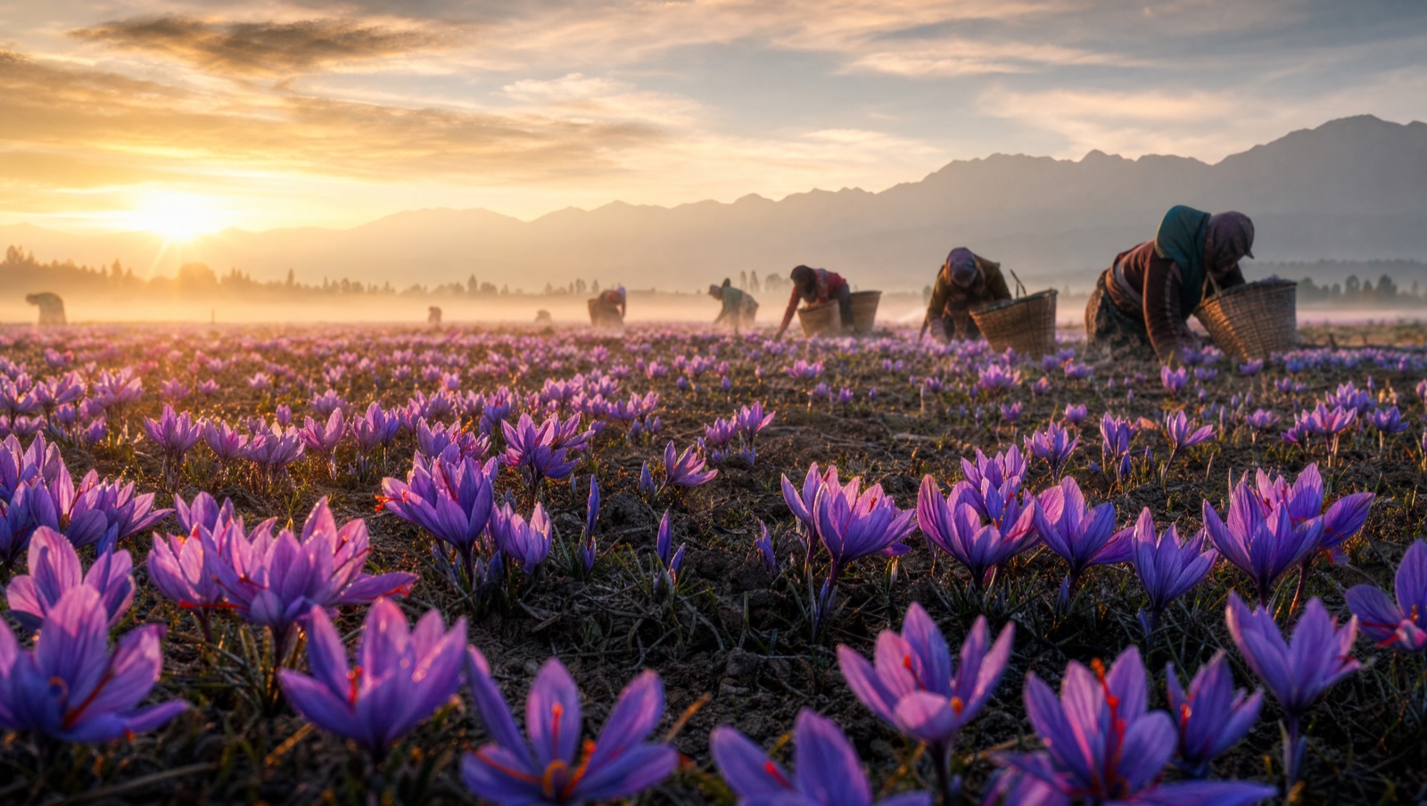 Harvesters bending over violet crocus fields as the sun rises beyond the mountains