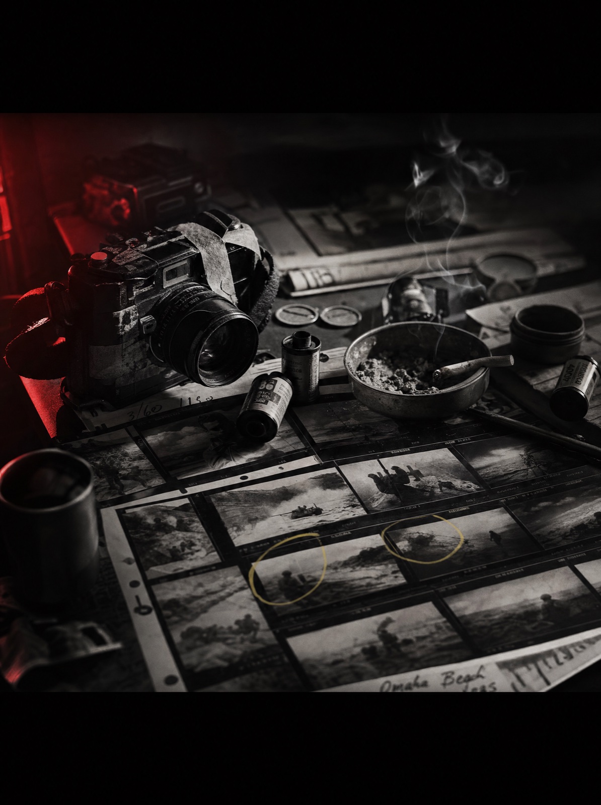 A black-and-white photographer’s workbench: a taped field camera, film canisters, a chemical tray, and contact prints under a darkroom safelight.