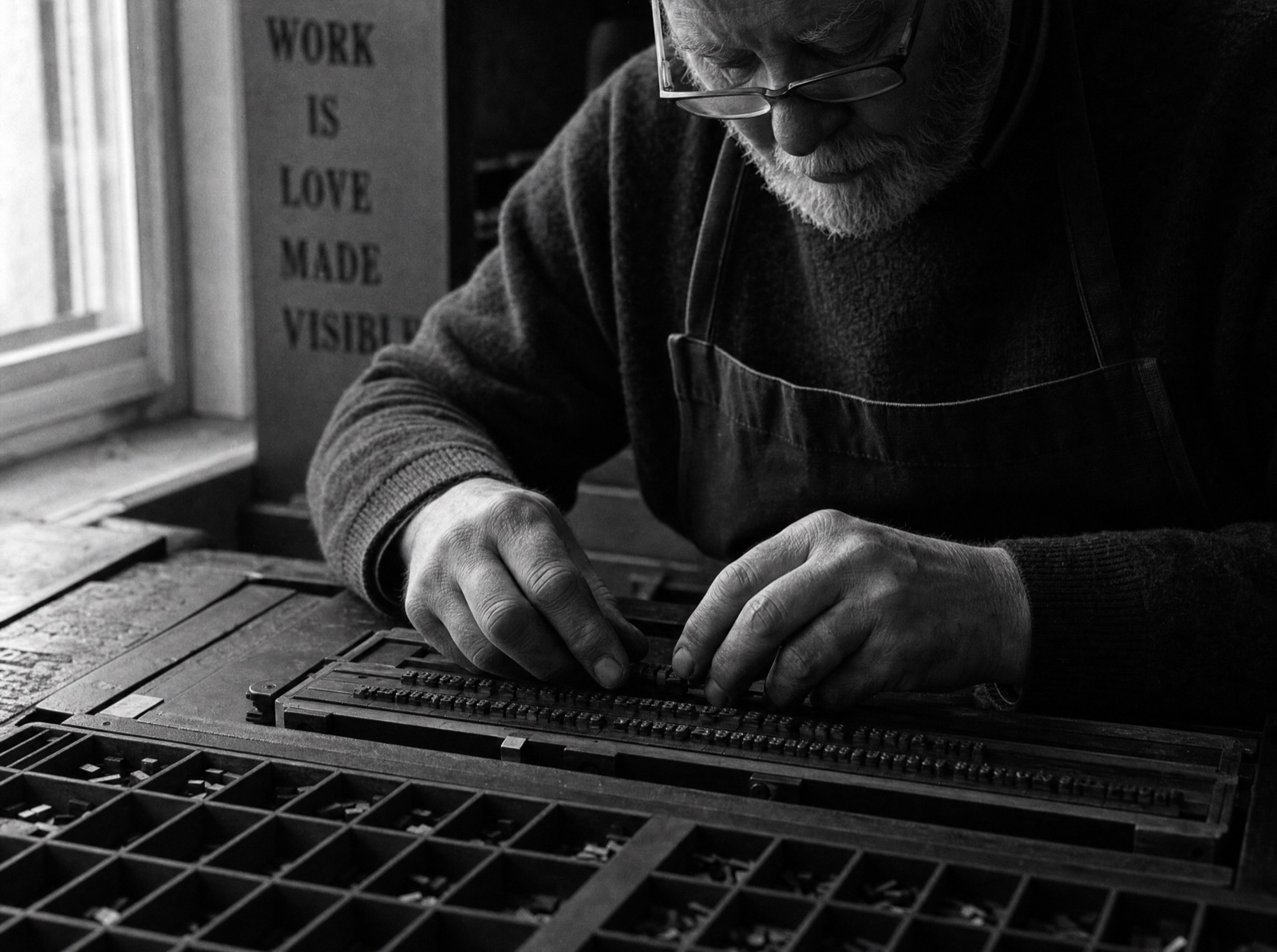 Black and white close view of an older printer setting metal type by hand at a composing bench.